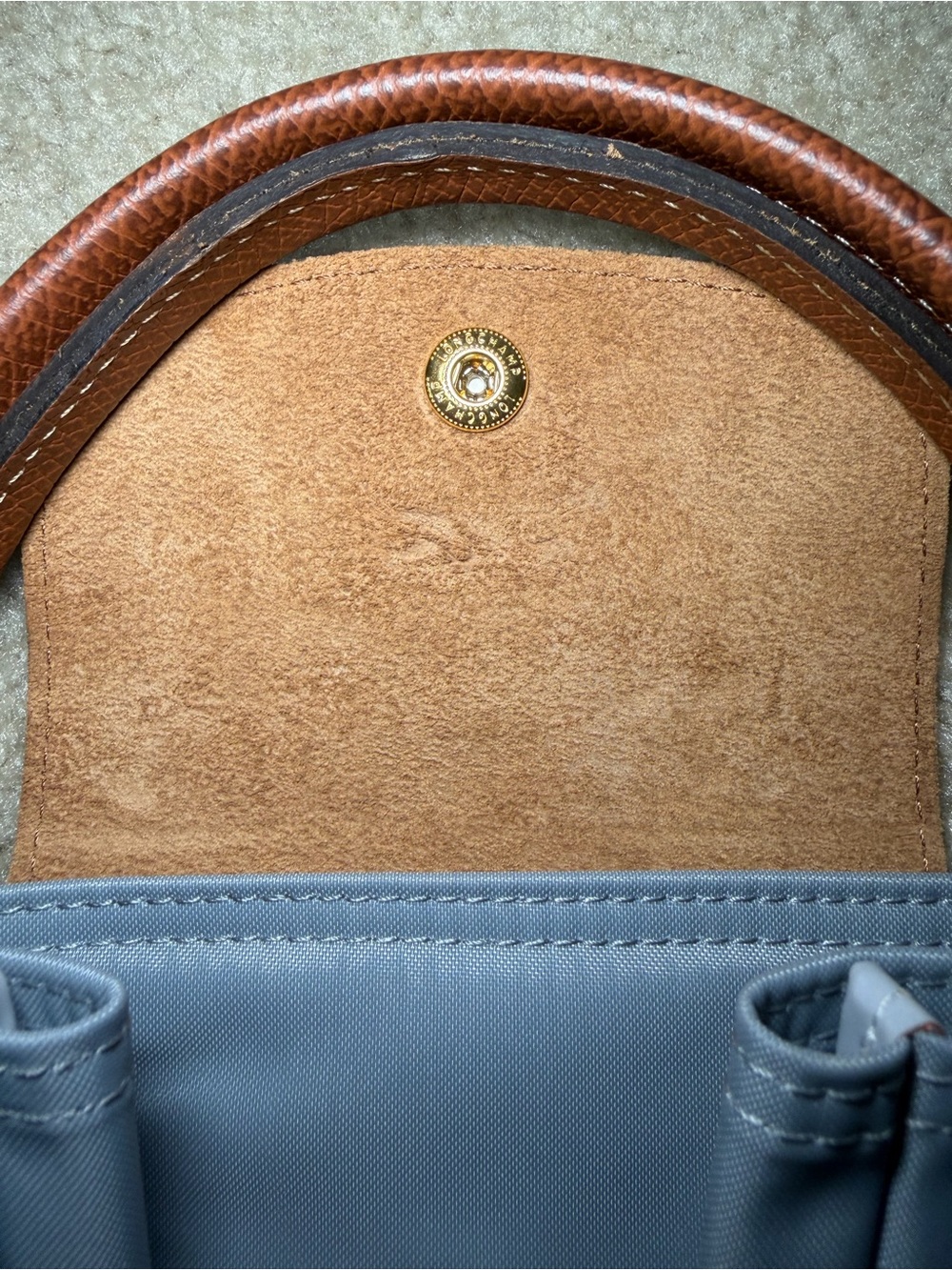 Longchamp Le Pliage Women's Tote Bag in Light Blue with Brown Trim - Picture 12 of 12